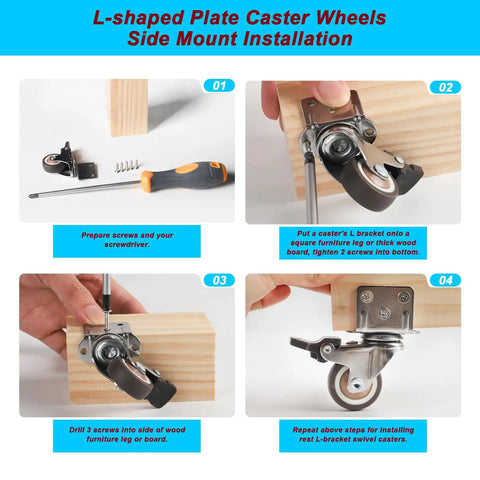 Smooth Rollin 1.25 Inch Rubber Side Mount Caster Wheels L Shaped Plate installation steps for furniture legs.