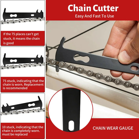Bike Chain Tool Repair Kit With Link Pliers And Checker, Includes 4 Pairs Missing Links For 6 To 11 Speed Chains, Chain Breaker Tool And Pliers, showing chain cutter and wear gauge in use