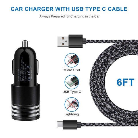 Dual Port Usb C Car Charger With Super Fast Dc Adapter For Samsung Galaxy S26 S25 S24 S23 S22 Plus Ultra Z Flip Fold with 6FT cable.