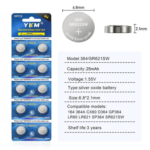 Top Shelf SR621SW And 364 Watch Batteries Ten Pack 1.55V Silver Oxide Button Cells in sealed packaging with specs