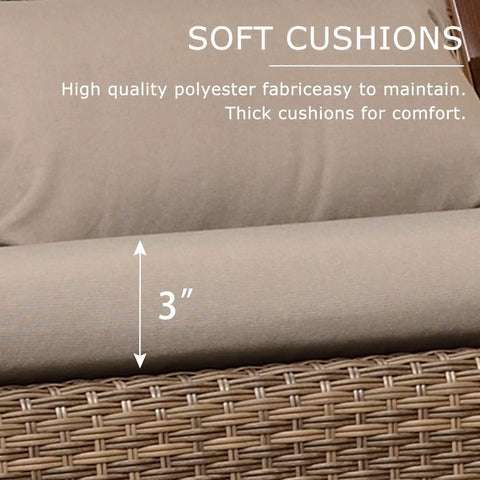 Soft cushions on Patio Porch Swing Chair For Two With Canopy Handwoven Wicker Outdoor Glider With Solar LED Light Cushions Durable UV Resistant Build