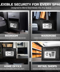 Drop Slot Money Safe Box with Digital Keypad Lock in bedroom, wardrobe, home office, and retail shop settings for varied security needs.