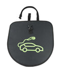 Heavy Duty Electric Vehicle Charging Cable Organizer Bag With Secure Seat Back Straps Stores 5 To 15 Meters Of Plug In Cords, revealing a black organizer bag with car graphic.