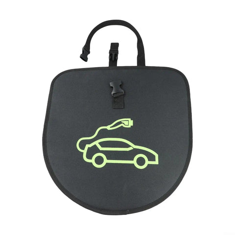 Heavy Duty Electric Vehicle Charging Cable Organizer Bag With Secure Seat Back Straps Stores 5 To 15 Meters Of Plug In Cords, revealing a black organizer bag with car graphic.