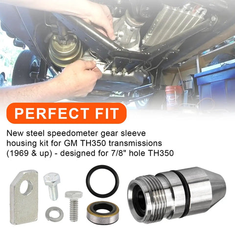 Speedometer Housing Kit For TH350 Transmission Fits 1969 And Up Turbo 350 showing components and installation under a vehicle