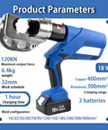 Bad Boy Cordless Hydraulic Crimping Tool With 4Ah Rechargeable Battery, 360 Swivel Jaw, Heavy Duty Cable Lug Pliers For Wires And Wire Rope Up To 400MM2 close-up showing specifications and tool features.