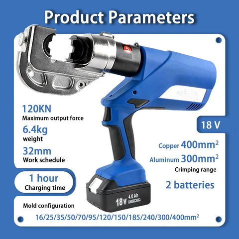 Bad Boy Cordless Hydraulic Crimping Tool With 4Ah Rechargeable Battery, 360 Swivel Jaw, Heavy Duty Cable Lug Pliers For Wires And Wire Rope Up To 400MM2 close-up showing specifications and tool features.
