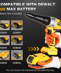 Cordless Pro Grade Rivet Gun For 20V Max Batteries shown with compatible battery models, ergonomic handle, and LED light