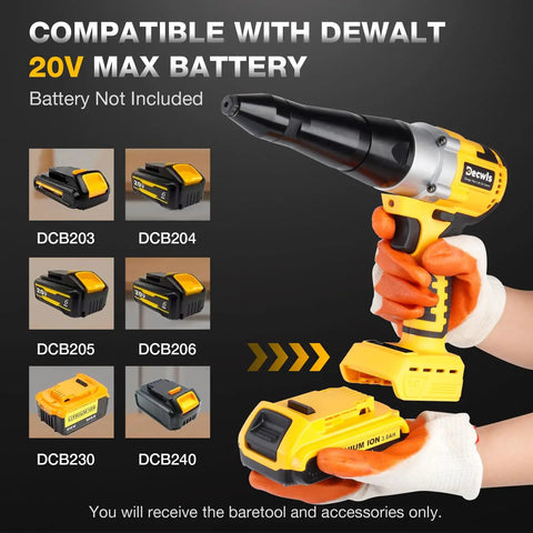 Cordless Pro Grade Rivet Gun For 20V Max Batteries shown with compatible battery models, ergonomic handle, and LED light