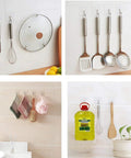 Heavy Duty Adhesive Wall Hooks 44 Lb Max Waterproof Oilproof Seamless Hangers for kitchen utensils and towels on tile wall.
