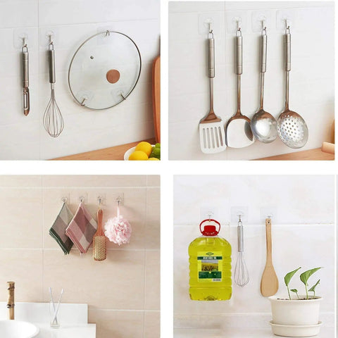 Heavy Duty Adhesive Wall Hooks 44 Lb Max Waterproof Oilproof Seamless Hangers for kitchen utensils and towels on tile wall.
