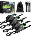 Hella Tough No Hassle Auto Retract Tie Down Straps Heavy Duty Retractable Ratchet Cargo Belt 1 Inch By 10 Feet 4 Pack in black, with storage bag.