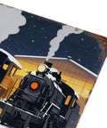 Close-up of retro old school winter steam train station tin sign metal wall decor plaque for home cabin living room entryway 8x12 inch.