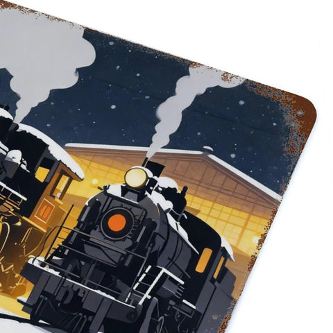 Close-up of retro old school winter steam train station tin sign metal wall decor plaque for home cabin living room entryway 8x12 inch.