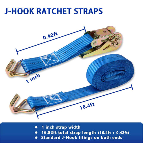 Four Pack Ratchet Straps 1 Inch Wide By 16.4 Feet Long With 2200 Lb Break Strength And Sturdy Metal Hooks Beefy Heavy Duty Tie Down Straps For Truck Cargo Trailer Motorcycle Luggage Moving With Work Gloves Blue, blue strap and J-hook close-up.