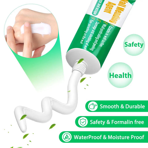 Tube of wall repair paste being applied to hand, labeled safety and health features include smooth, durable, waterproof, moisture-proof.