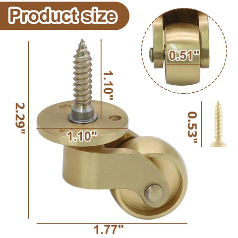 4 Pcs Universal Brass Caster Stem Wheels With 360 Degree Rotation And Brass Threaded Stems showing size dimensions and screw