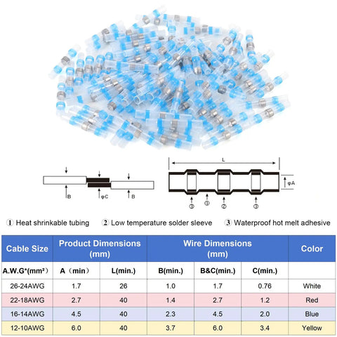 100 Pack Blue Waterproof Solder Seal Wire Connectors 16-14 AWG, Heat Shrink Butt Connectors with dimension chart