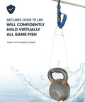 Heavy Duty Fish Stringer Clip with Stainless Construction holding weight over water, showcasing durability for fishing