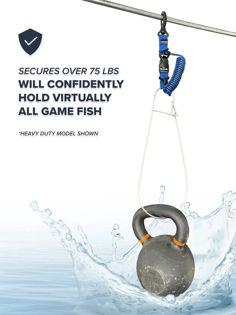 Heavy Duty Fish Stringer Clip with Stainless Construction holding weight over water, showcasing durability for fishing