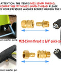 M22-15mm to 3/8 inch quick connect kit for pressure washers, brass adapters with hose and gun, shown in use and close-up view