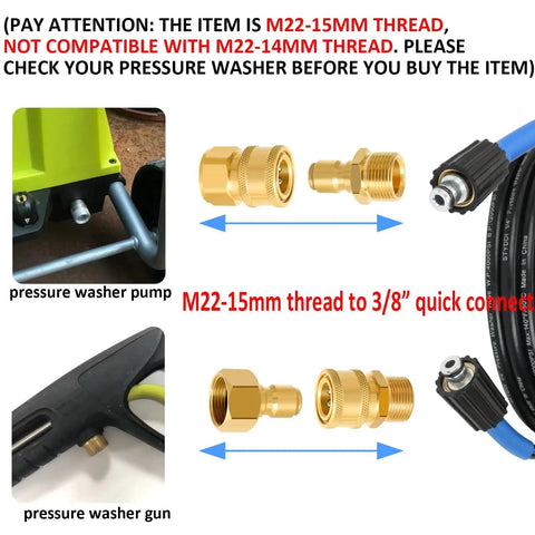 M22-15mm to 3/8 inch quick connect kit for pressure washers, brass adapters with hose and gun, shown in use and close-up view