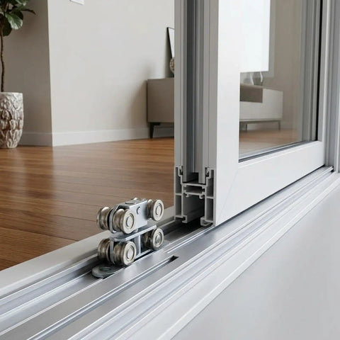 Heavy Duty Push Pull Window Pulley Set Featuring Rock Solid Double Wheel Rollers And No Sweat Plug And Play Hardware Install Built Tough For Smooth Glide Standard Door Track Systems with visible rollers on track.