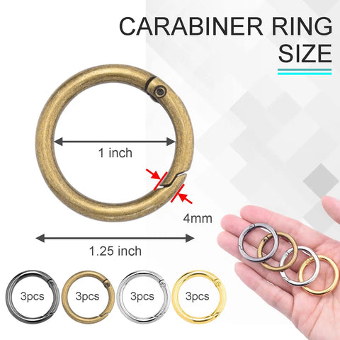 12 Pack 1 Inch Spring O Ring Clip Keychain Carabiner Set In Four Colors; size chart with hand displaying metal rings