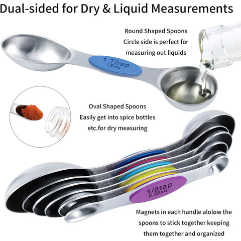 Magnetic Stainless Steel Measuring Cups And Spoons Set 12 Piece Kitchen Tool Bundle with dual-sided spoons for dry liquid