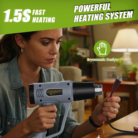 Person using Powerful Dual Temperature Handheld Hot Air Gun with 572F and 1112F settings, 900W to 1300W, 10ft cord for DIY projects.