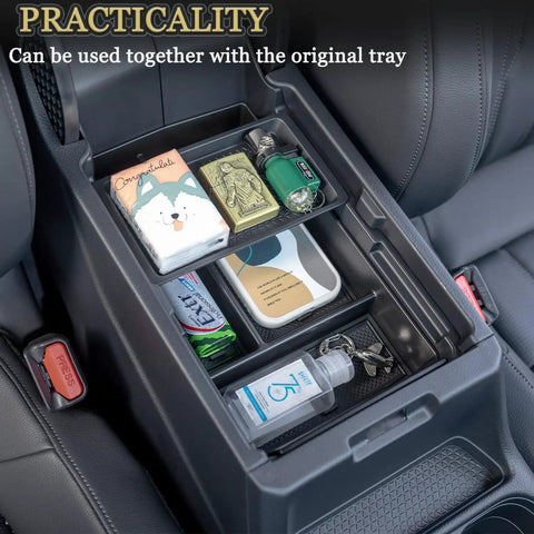 3-Piece Center Console Organizer Set for Honda CR-V and CR-V Hybrid 2023 2024 2025 2026 Custom Fit Armrest Tray Console Tray and Hidden Storage Box Durable ABS Car Accessories in use with items