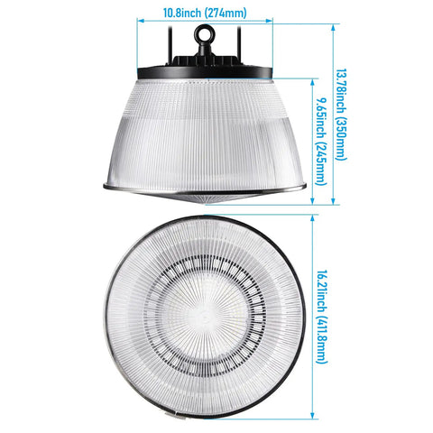 UFO LED High Bay Light With Reflector Beast Brightness 21700 Lumen 150W with dimensions and top view.