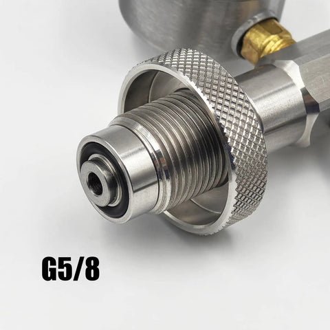 Heavy Duty Paintball And Airsoft Tank Fill Station With 37 Inch Hose Stainless Steel Build DIN Thread Five Eighth BSPP High Pressure 4600 PSI HPA Refill Connector close-up