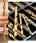 230 Pc Titanium Coated Twist Drill Bit Set HSS 4241 135 Degree Split Point 1.0 To 10mm Metric in use on wood, metal, and in case