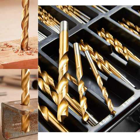 230 Pc Titanium Coated Twist Drill Bit Set HSS 4241 135 Degree Split Point 1.0 To 10mm Metric in use on wood, metal, and in case