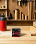 Heavy Duty Adjustable Dowel Cutter Jig For Drill With Precise Carbide Blades and 8 Hole Aluminum Design on a workbench.