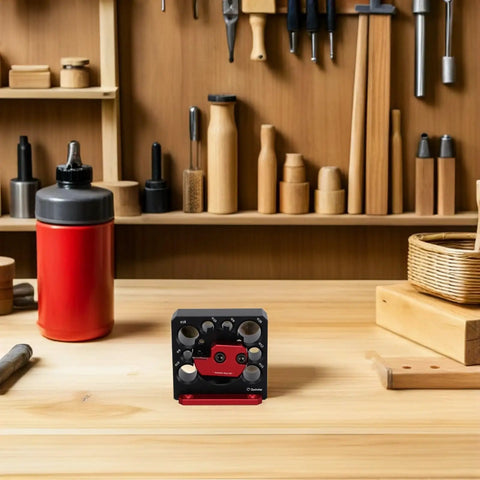 Hole Adjustable Electric Drill Dowel Maker Jig Aluminum Alloy on a wooden workbench, designed for precise pin making in woodworking.