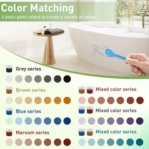 Color matching options in the All-In-One DIY Ready Home Surface Repair Kit For Tubs, Tiles, And Countertops with paint samples.