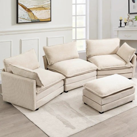 Oversized Modular Sectional Sofa With Movable Ottoman 112 Inch Four Seat L Shaped Corduroy Couch In Beige setup in living room