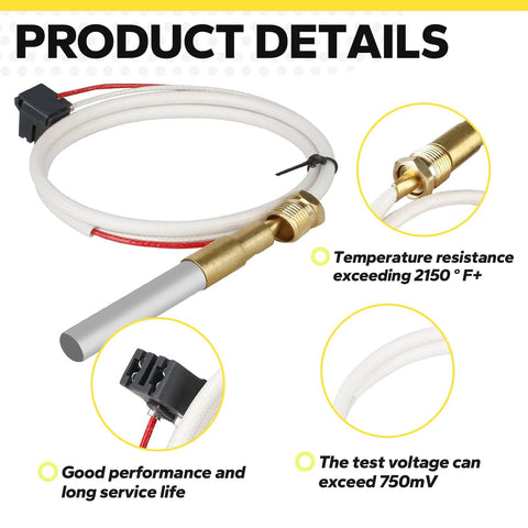Water heater thermopile replacement for Rheem, Ruud and Richmond pilot burners; brass adapter, white cable