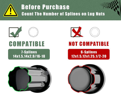 Heavy Duty 7 Spline Tuner Lug Nut Key With Dual Hex 13/16 And 7/8 Inch Sockets showing compatibility and non-compatibility guide.