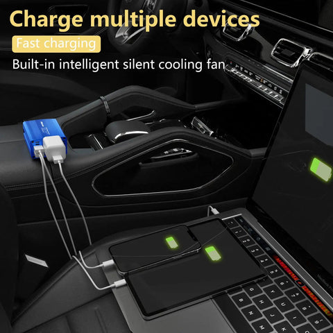 Road Trip Ready 150W Car Power Inverter Dc 12V To 110V Ac Converter with dual USB ports charging devices in vehicle.