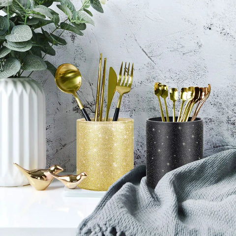 Glitter Desk Pen Holder Organizer For Office And Home Leather Look Pencil Cup showcasing gold and black sparkle designs