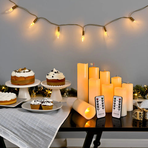 Flameless Battery Operated LED Pillar Candles Set Of Nine With Remote And 24 Hour Timer Ivory Real Wax Look Flickering Ambient Glow