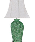 Green Glaze Floral Embossed Ceramic Table Lamp With Dark Wood Base, Traditional 33.5 Inch Height and Off White Linen Shade