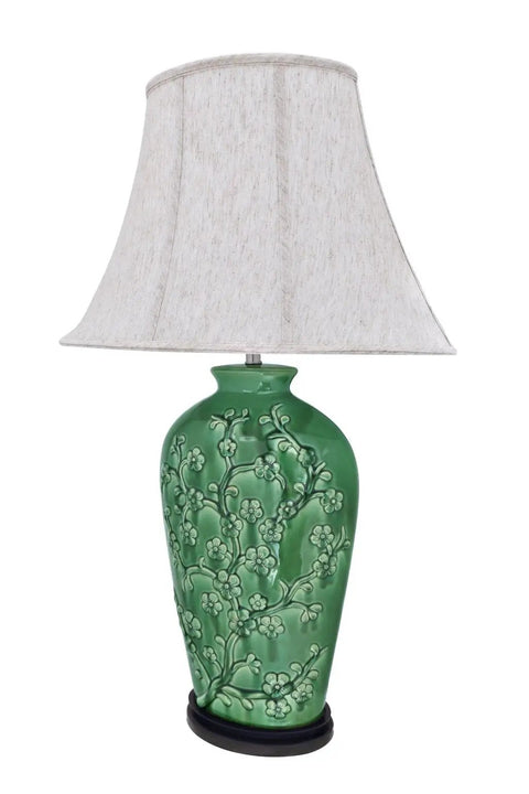 Green Glaze Floral Embossed Ceramic Table Lamp With Dark Wood Base, Traditional 33.5 Inch Height and Off White Linen Shade