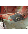 Fox Mustang Torque Box Reinforcement Plate Kit 79-04 TBR002 TBR003 bolt-in steel plate installed on Mustang chassis floor