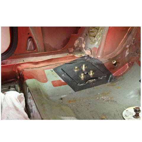 Fox Mustang Torque Box Reinforcement Plate Kit 79-04 TBR002 TBR003 bolt-in steel plate installed on Mustang chassis floor