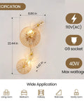 Set Of 2 Gold Wall Sconces With Brass Finish And Glass Shade for hallway vanity and bedroom lighting with size specifications.