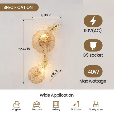 Set Of 2 Gold Wall Sconces With Brass Finish And Glass Shade for hallway vanity and bedroom lighting with size specifications.